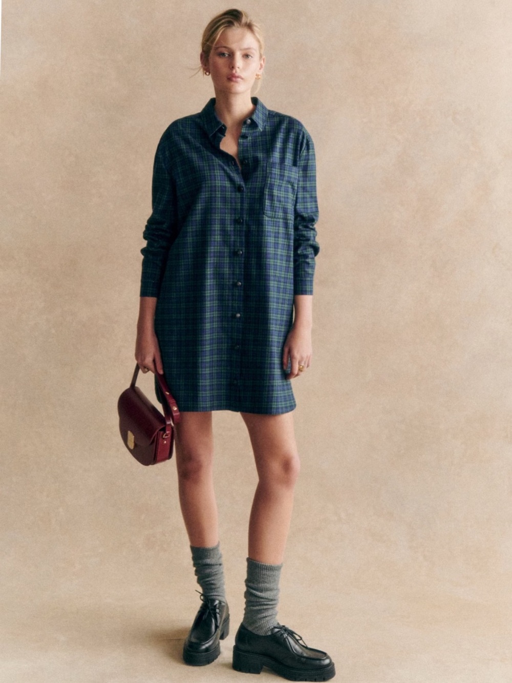 Sezane Navy and Green Plaid Flannel Dress 44